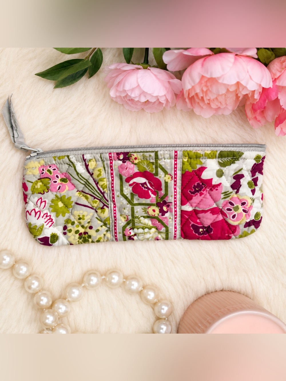 Vera Bradley Quilted Floral Zip Pouch Wallet Pink Green Cotton Organizer